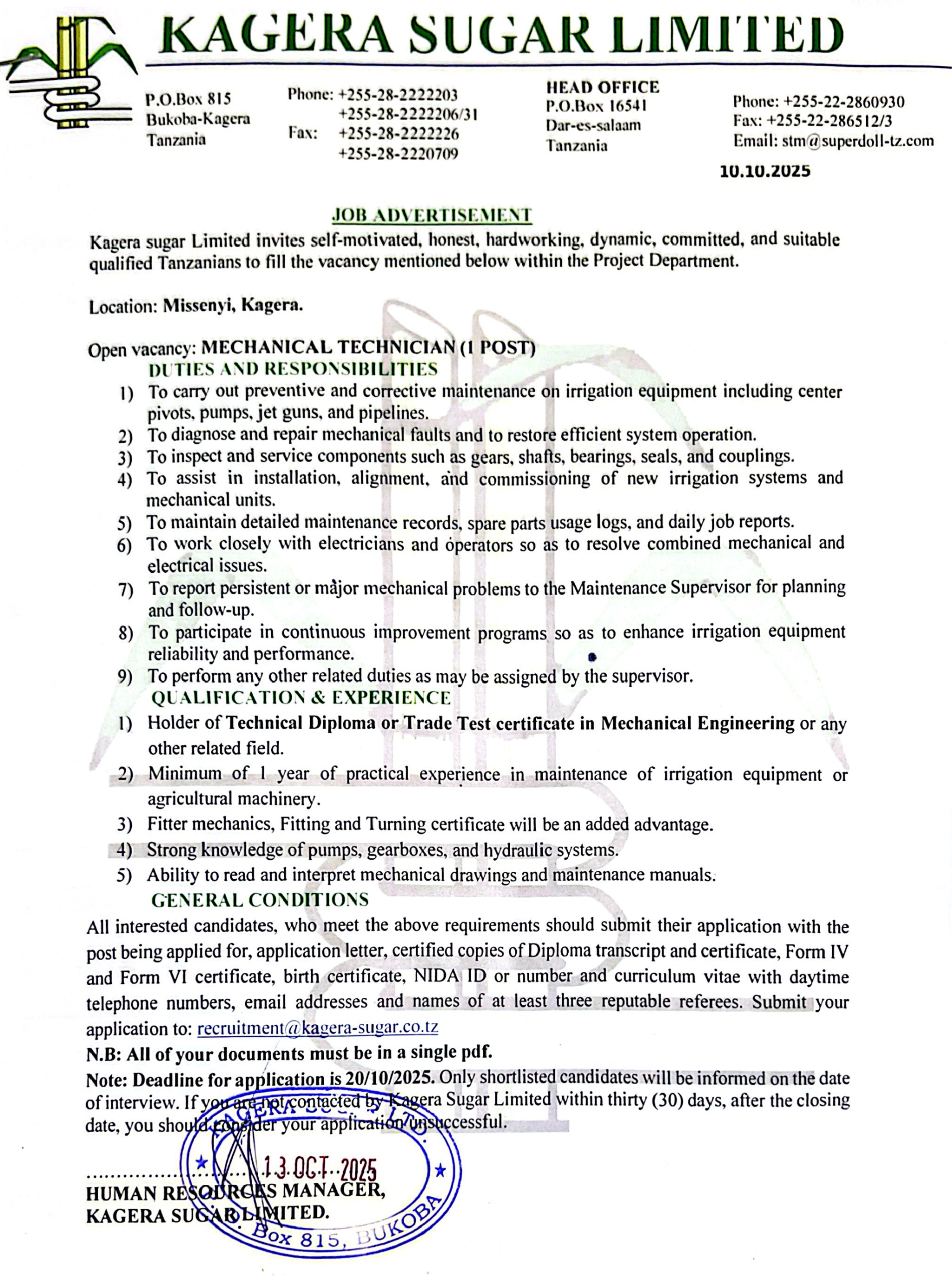 MECHANICAL TECHNICIAN (1 POST)